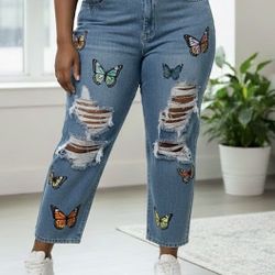 Denim Jeans with Butterfly Design