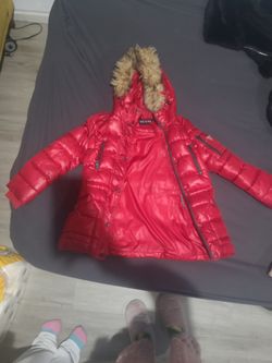 GUESS Red Puffer Jacket with Fur Hood