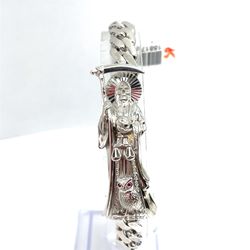 925 Sterling Silver 8” Santa Muerte Cuban Style Bracelet 19.60g 8.7mm 188174