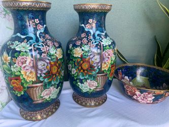 Vintage pair of Chinese cloisonné enamel vases and a matching bowl.