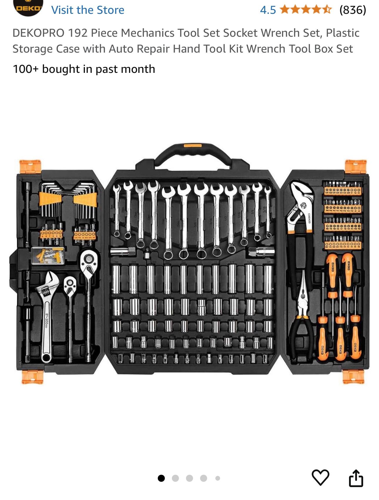 DEKOPRO 192 Piece Mechanics Tool Set Socket Wrench Set, Plastic Storage Case with Auto Repair Hand Tool Kit Wrench Tool Box Set
