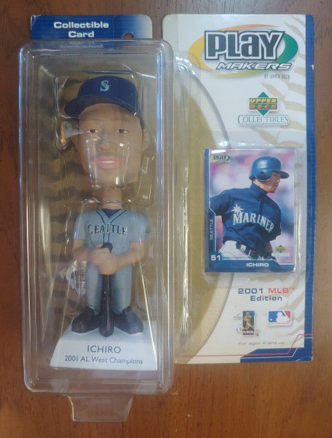 Vintage Upper Deck Toys Ichiro Away AL West Champions Bobblehead Sports Figure W Collectible Card 2001 MLB Major League Baseball Seattle Mariners  