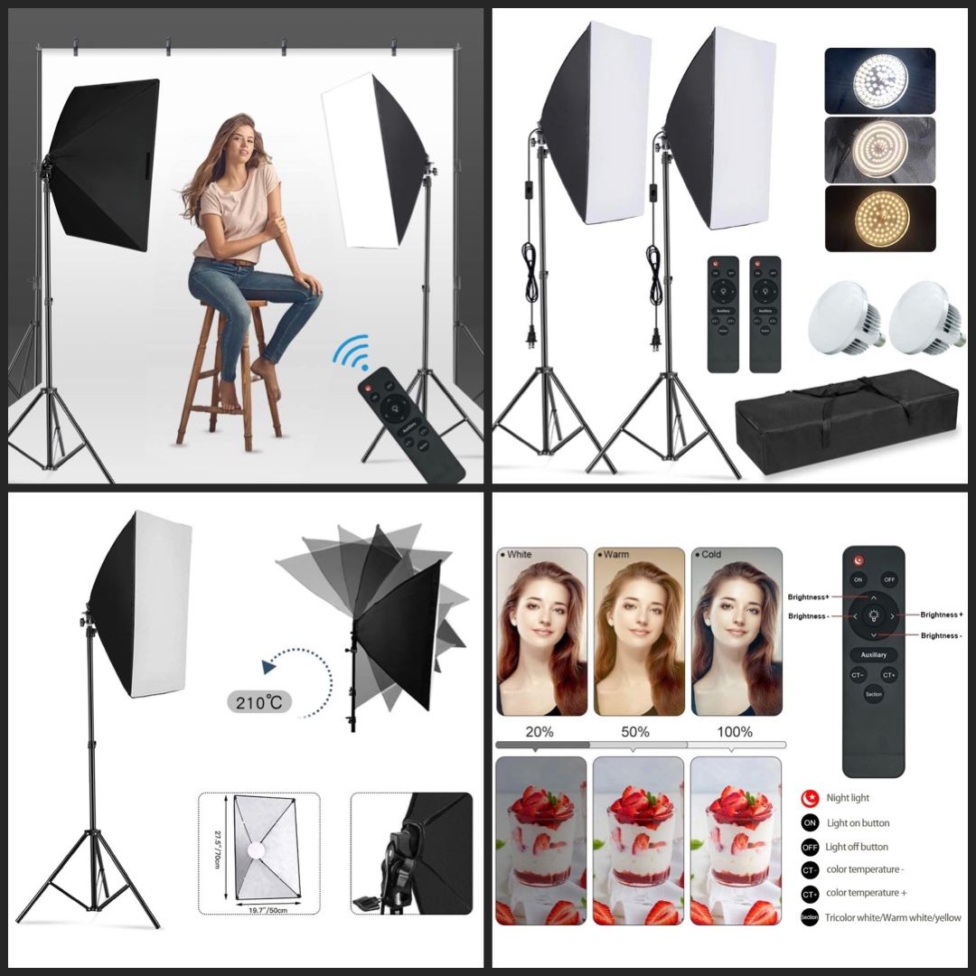 New Softbox Light Kit Photography Video Photo Studio Lights with Remote & 3 Color Temp LED Bulbs
