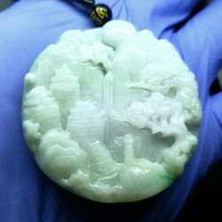Burmese icy Type A Jadeite Jade Pendant Lucky Peaceful Landscape.