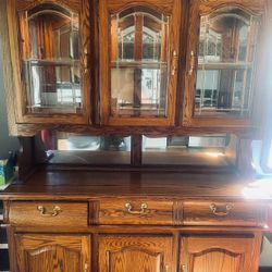 FREE- FREE. Dark Oak Beautiful Hutch / Lighted  2 Piece / Great Condition China Hutch/ See Description 