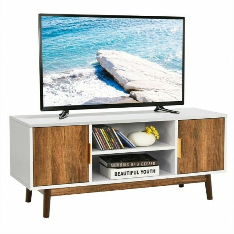 Tv Stand Entertainment Media Console With 2 Storage Cabinets And Open Shelves HW66708