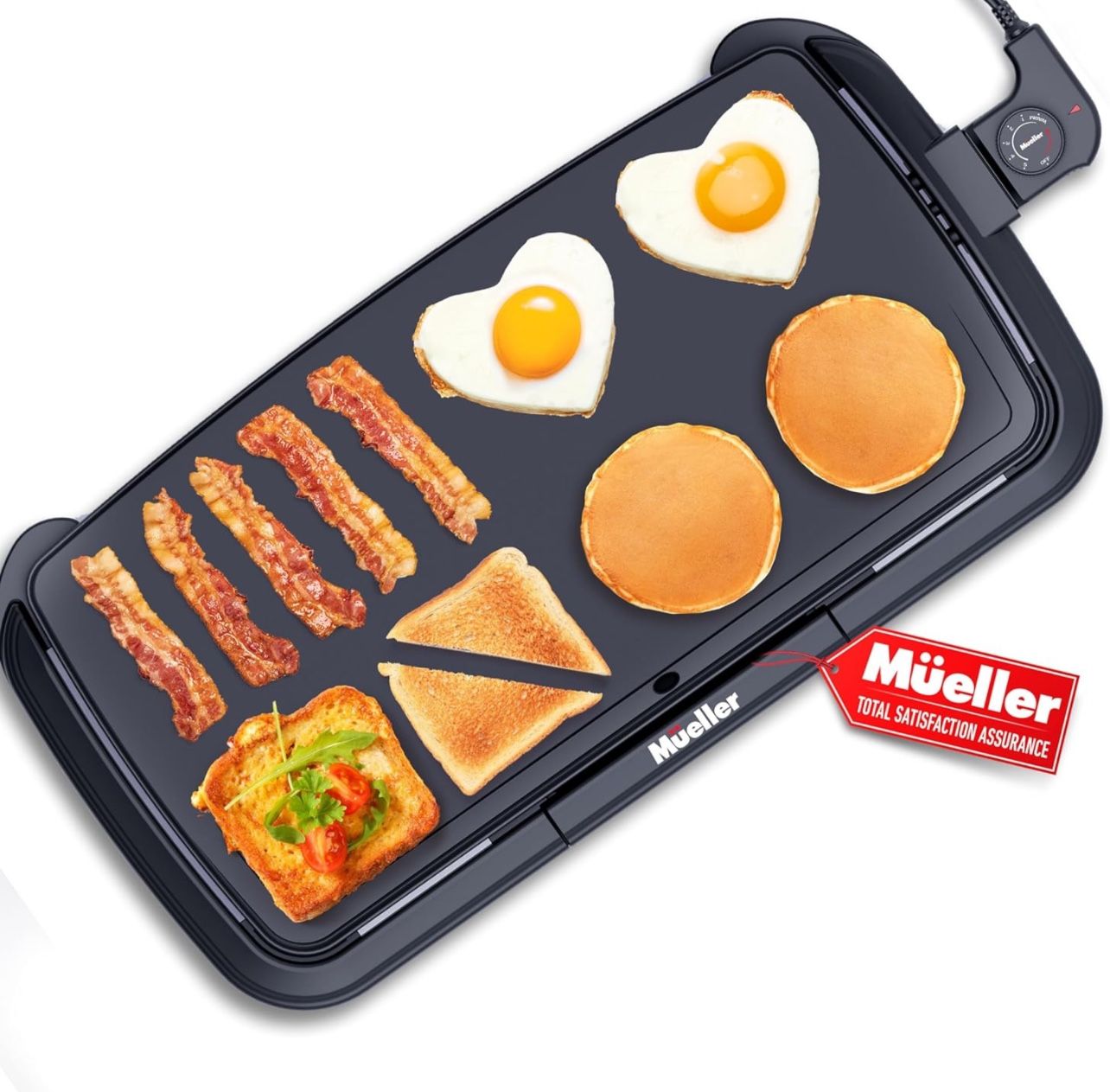 Mueller HealthyBites 20-inch Electric Griddle, Cool-Touch Handles, Slide-Out Drip Tray for Breakfast Pancakes, Burgers, and Eggs, Eco-Friendly Pancake