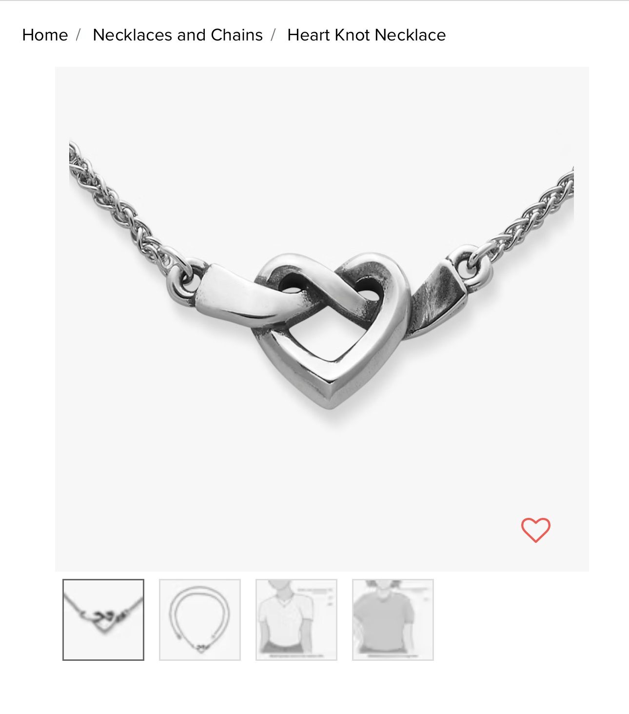 Sterling Silver, 17 inch Heart Knot Necklace