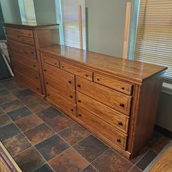 Solid Oak Dresser, Chest, 2 Nightstands, And 2 Mirrors 