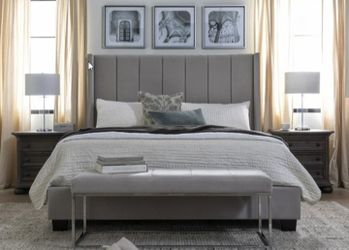 Living Spaces Topanga Grey Eastern King Velvet Upholstered Panel Bed frame, box spring & Mattress