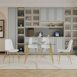 5 PIECE KITCHEN DINING ROOM TABLE SET WHITE GOLD GLASS TOP