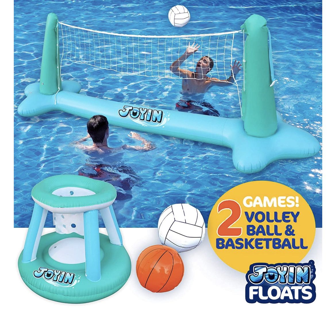 Inflatable Pool Float Set Volleyball Net & Basketball Hoop Floating Pool Game
