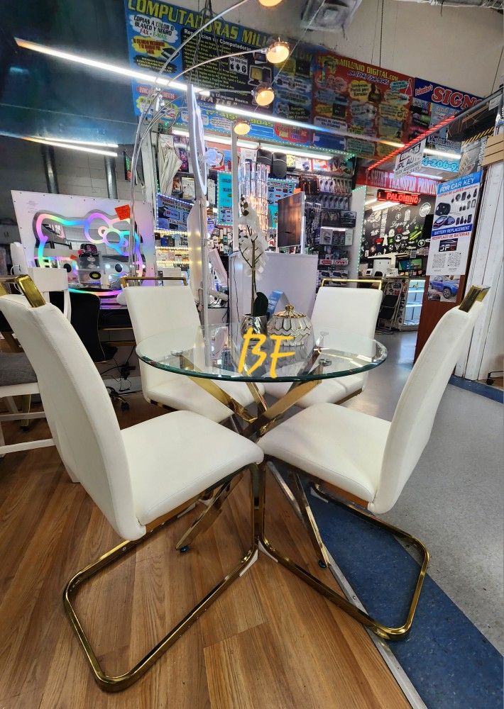 Dining Set 5 Pc Glass Top, White Leatherette, Metal Base Gold Finish. New Especial Price