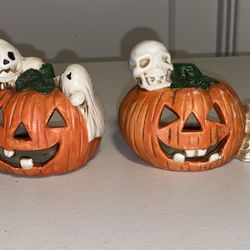 Two Halloween tea lights pumpkins ghost