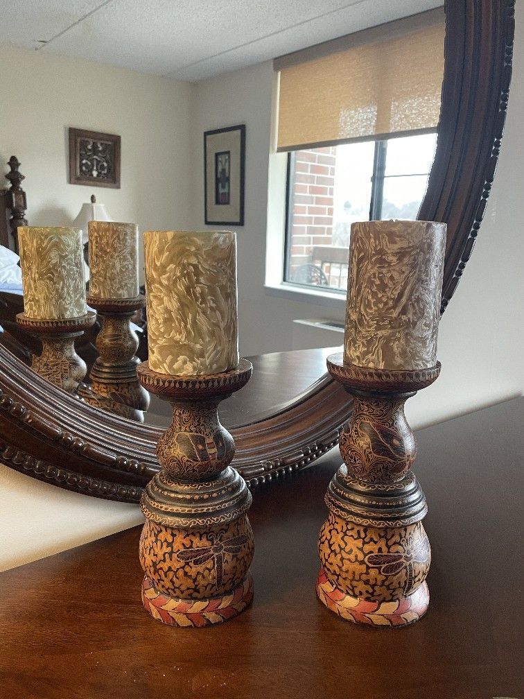 Pair Of African Wooden Candle Holders
