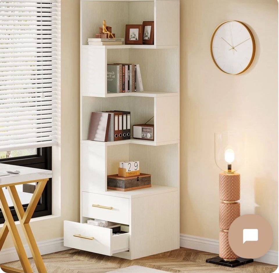 New In Box Corner Bookshelf With Drawers 
