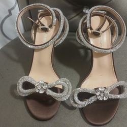 Mach & Mach Double Bow Crystal Satin Sandals Heels Size 6.5