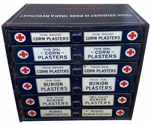 Antique Johnson & Johnson Counter Medical Bandage Plaster Display Cabinet Drawer Unit