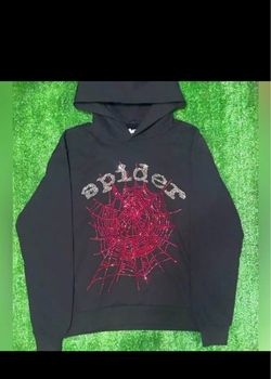Sp5der Black Hoodie Red Web Rhinestone size (M)