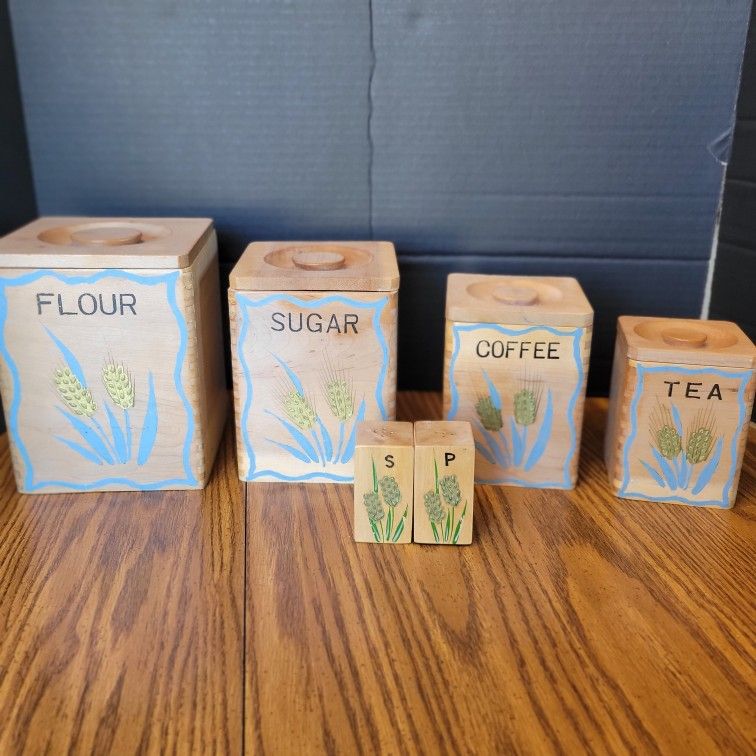 Vintage MCM Wheat Wooden Nesting Kitchen Canisters Dovetail With S&P Shakers