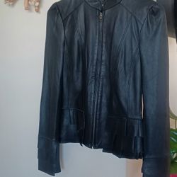 OASIS Butter Soft GENUINE LEATHER Black Ruffle Jacket Polyester Lining X-SMALL 