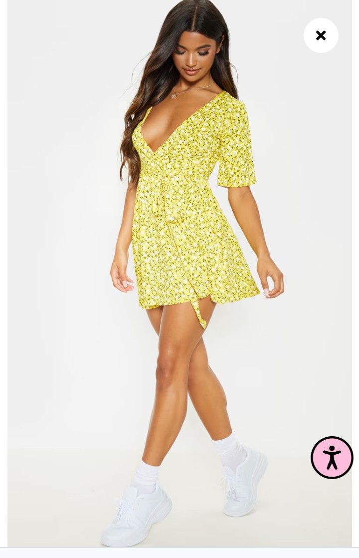 PRETTYLITTLETHING YELLOW DITSY FLORAL SHORT SLEEVE BELTED A LINE MINI DRESS 4