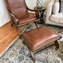 Leather and Wood Chair + Ottoman