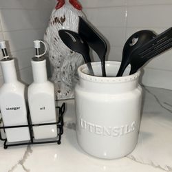White Ceramic Kitchen Canisters & Oil/Vinegar Set – Modern Farmhouse Style