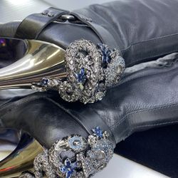 Roberto Cavalli Women’s Black Leather Skull And Flowers Boots 37