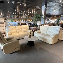 Beige Power Reclining Sofa And Loveseat 
