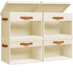 Homsorout Large Storage Bins with Lids - 4 Pack Foldable Decorative Organizers with Clear Windows & Handles, Cube Storage Organizers for Clothes, Blan