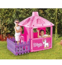 City Playhouse with Fence - Unicorn, Pink - Indoor & Outdoor Use, 53" High, Durable Waterproof Plastic, New in Box