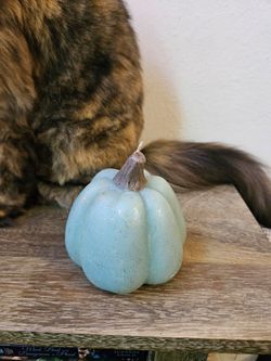 Green pumpkin candle and wooden mushroom