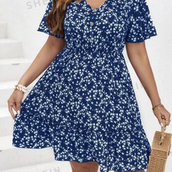 Plus Navy Blue Flowered Dress