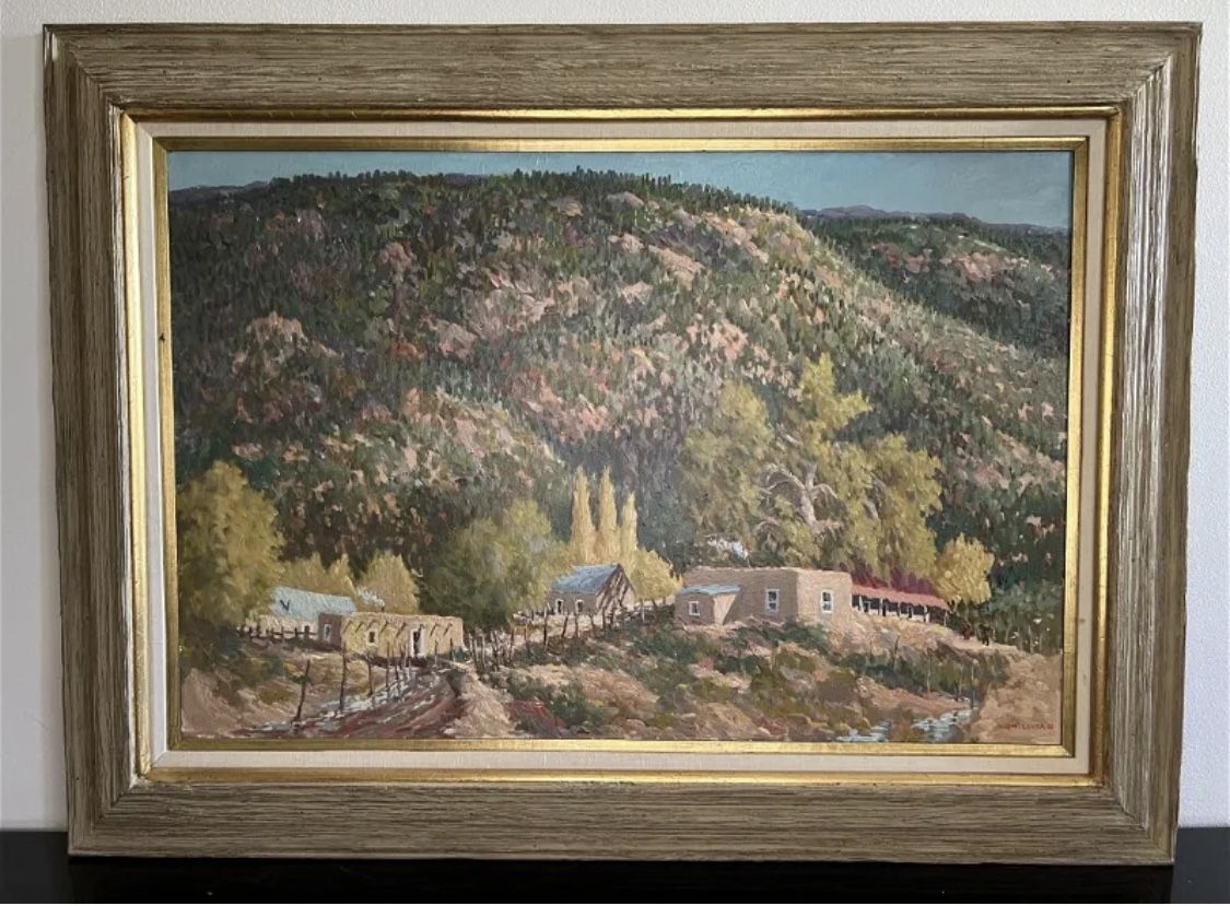 Original Oil Landscape Adobe Houses Painting by Ralph Leyba 1986