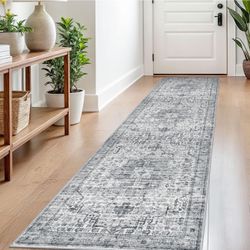 Vintage 2 x 8 gray blue white washable runner rug