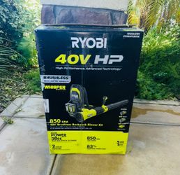 RYOBI 40V HP Brushless 850 CFM Whisper Blower + 2-8.0 Ah Batteries, Rapid Charger + Lawn & Leaf Bag