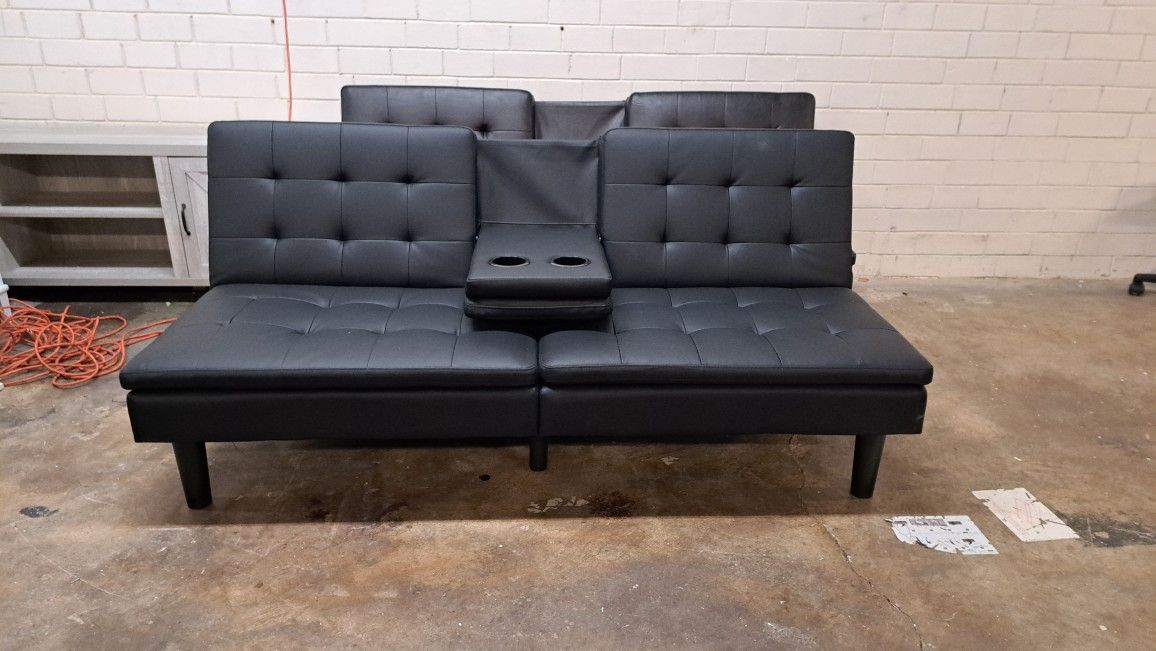 🔥🔥New Modern Futon Sofa With Cup Holders Faux Leather Black Dimensions Pictures 