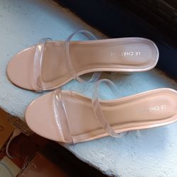 Nude And Clear Block Heel Sandals
