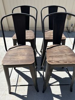Set of 4 Metal Bar Stools with Wood Seats