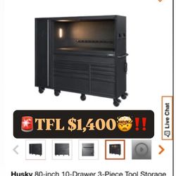 Husky 80-inch 10-Drawer 3-Piece Tool Storage Chest and Cabinet Combo.