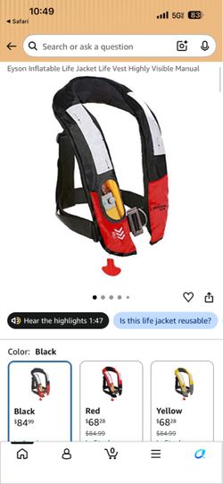 Eyson Inflatable Life Jacket Life Vest Highly Visible Manual
