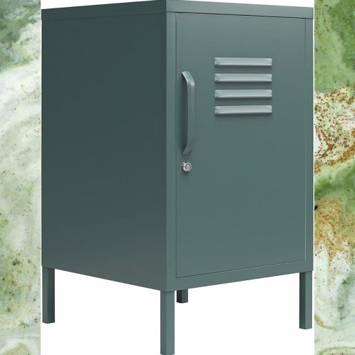 Metal Locker Style End Table with Lockable Door and Two Shelves in Dark Green, New.