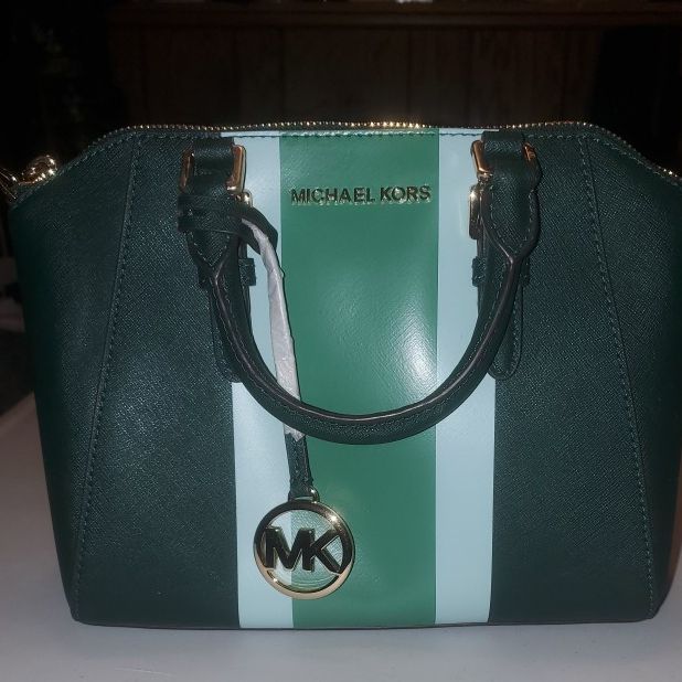 Michael Kors Ciara leather purse green stripe Saffiano leather messenger bag