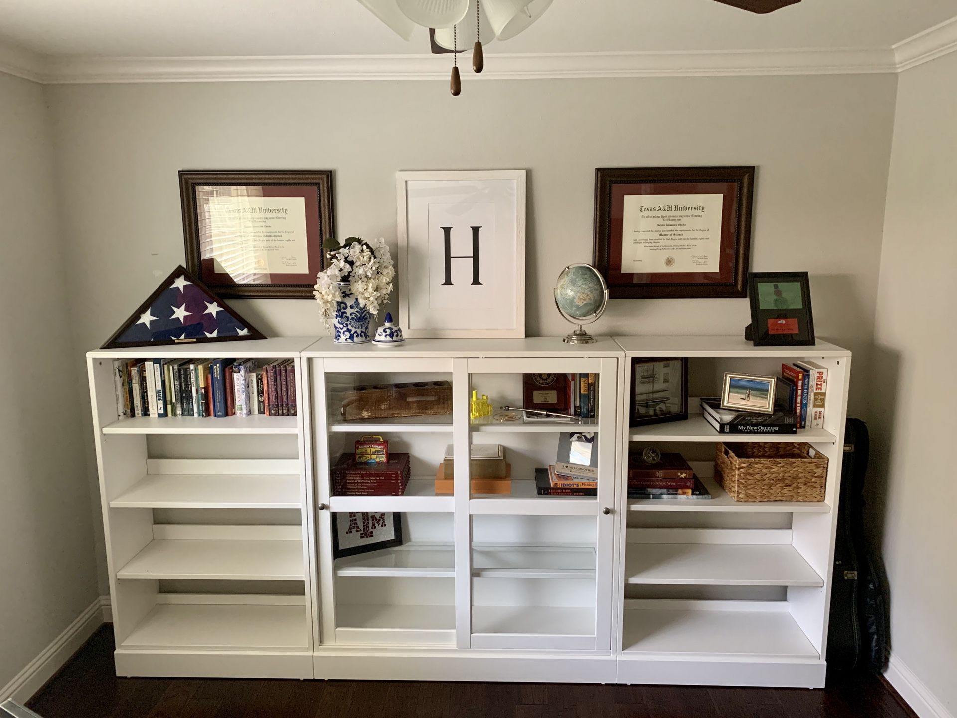 3 piece bookshelves and display cabinet