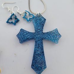 Matching Blue Cross Necklace And Earrings 
