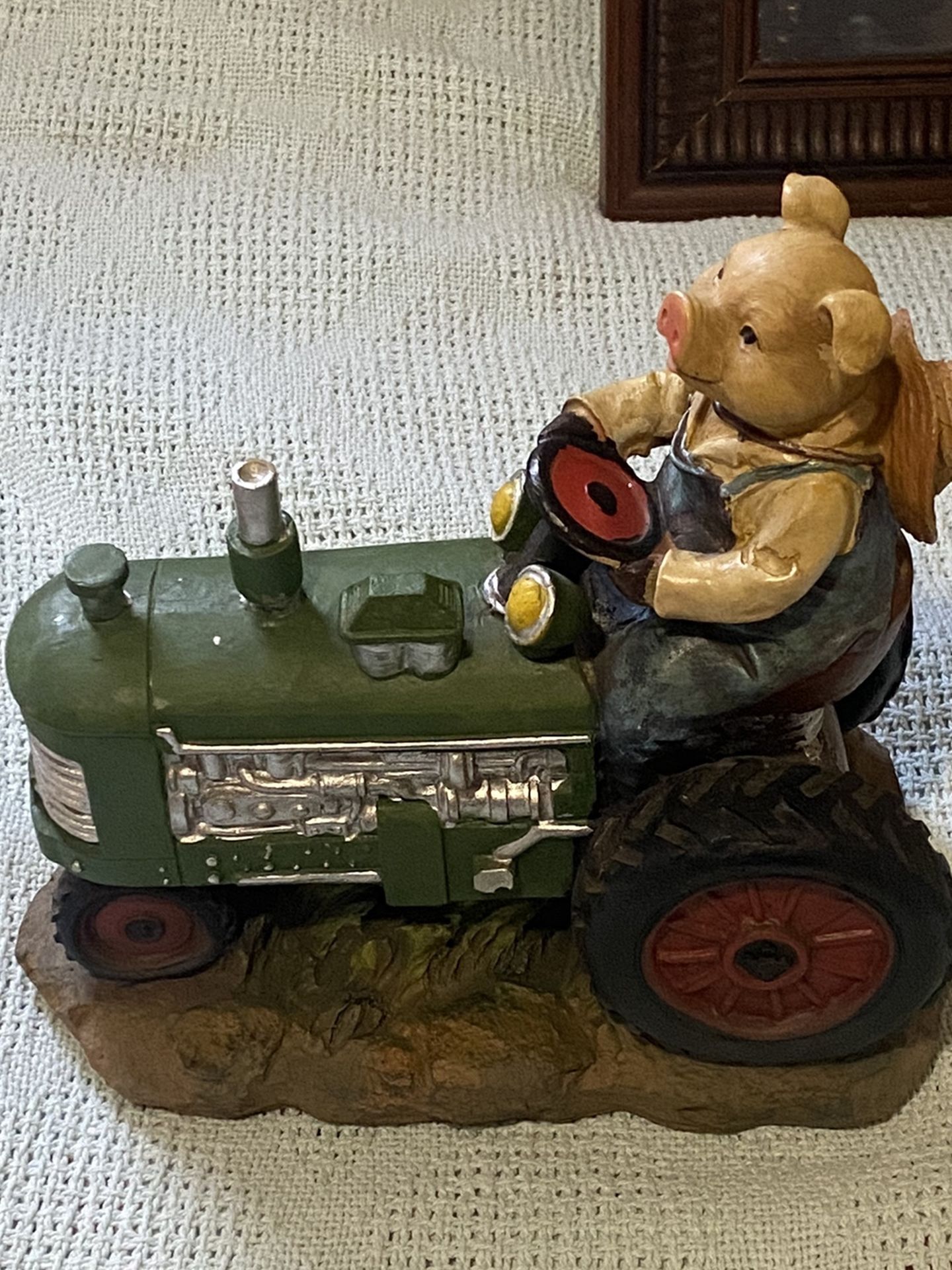 Vintage Resin Pig Farmer W/ Hat On Green Tractor