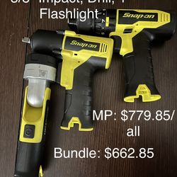 Snap-On Drill, 3/8” Drive Impact, & Flashlight