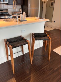 CB2 Walnut + Black Jute Rope Counter Stools — Set of 2