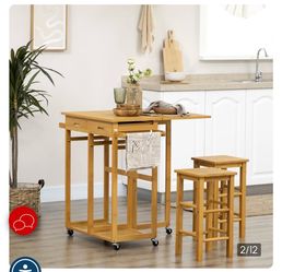 HOMCOM Breakfast Cart Table and Chair Set Kitchen Island with Seating, bamboo